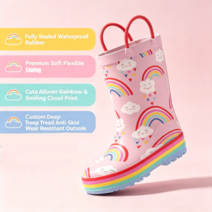 Wholesale custom floral animal pattern children rubber wellies with pull handles